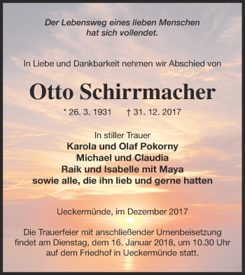 Traueranzeige von Otto Schirrmacher von Haff-Zeitung