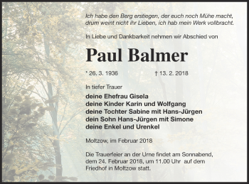 Traueranzeige von Paul Balmer von Müritz-Zeitung