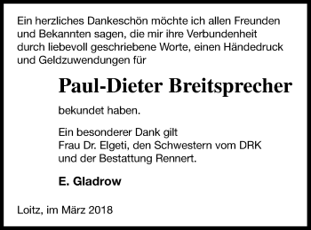 Traueranzeige von Paul-Dieter Breitsprecher von Vorpommern Kurier