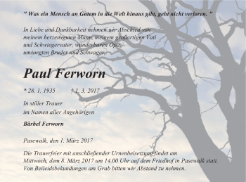 Traueranzeige von Paul Ferworn von Pasewalker Zeitung