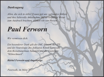 Traueranzeige von Paul Ferworn von Pasewalker Zeitung
