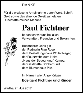 Traueranzeige von Paul Fichtner von Templiner Zeitung