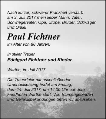 Traueranzeige von Paul Fichtner von Templiner Zeitung