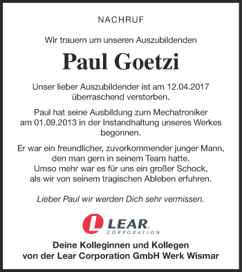 Traueranzeige von Paul Goetzi von Mecklenburger Schweiz