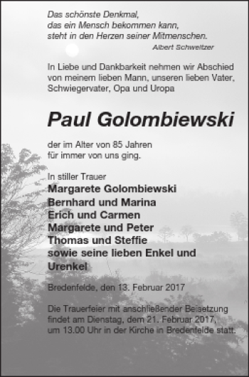 Traueranzeige von Paul Golombiewski von Strelitzer Zeitung