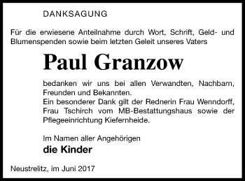 Traueranzeige von Paul Granzow von Strelitzer Zeitung