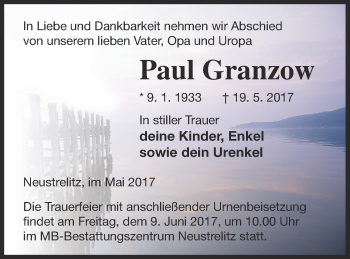 Traueranzeige von Paul Granzow von Strelitzer Zeitung