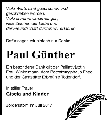 Traueranzeige von Paul Günther von Mecklenburger Schweiz