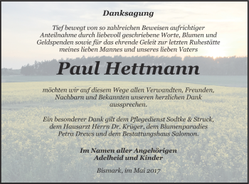 Traueranzeige von Paul Hettmann von Pasewalker Zeitung