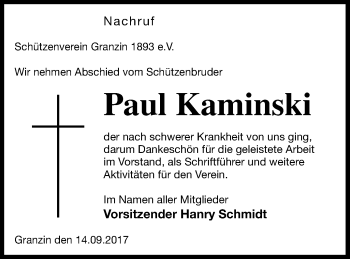 Traueranzeige von Paul Kaminski von Strelitzer Zeitung