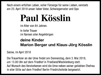 Traueranzeige von Paul Kösslin von Neubrandenburger Zeitung