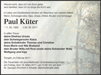 Traueranzeige von Paul Küter von Templiner Zeitung