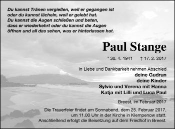 Traueranzeige von Paul Stange von Neubrandenburger Zeitung