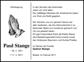 Traueranzeige von Paul Stange von Neubrandenburger Zeitung