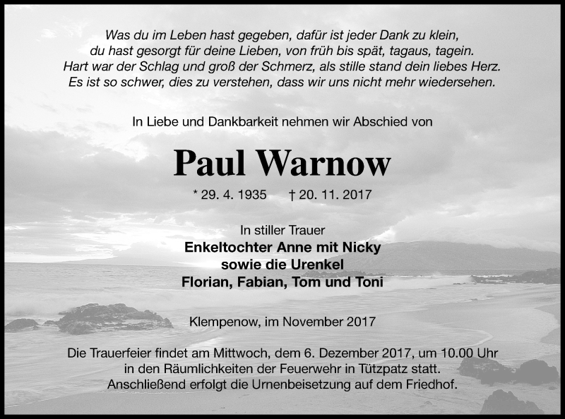  Traueranzeige für Paul Warnow vom 24.11.2017 aus Müritz-Zeitung