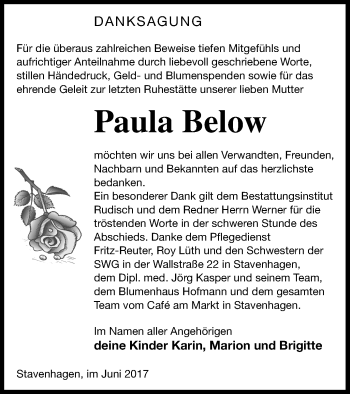 Traueranzeige von Paula Below von Mecklenburger Schweiz