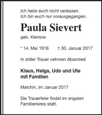 Traueranzeige von Paula Sievert von Mecklenburger Schweiz