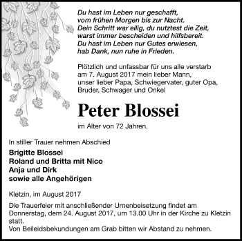 Traueranzeige von Peter Blossei von Demminer Zeitung