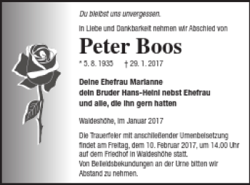 Traueranzeige von Peter Boos von Pasewalker Zeitung