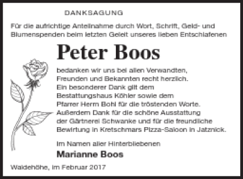 Traueranzeige von Peter Boos von Pasewalker Zeitung