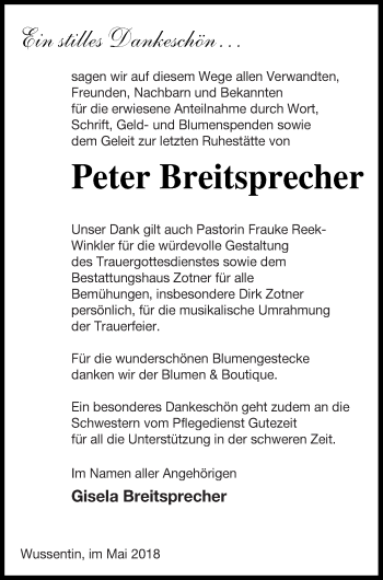 Traueranzeige von Peter Breitsprecher von Vorpommern Kurier