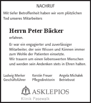 Traueranzeige von Peter Bäcker von Pasewalker Zeitung
