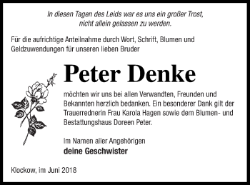 Traueranzeige von Peter Denke von Mecklenburger Schweiz