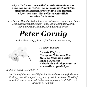 Traueranzeige von Peter Gornig von Pasewalker Zeitung