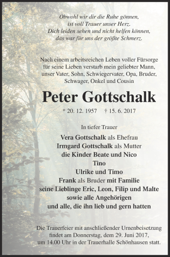 Traueranzeige von Peter Gottschalk von Pasewalker Zeitung