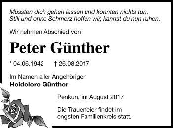 Traueranzeige von Peter Günther von Pasewalker Zeitung