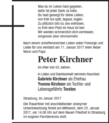 Traueranzeige von Peter Kirchner von Pasewalker Zeitung