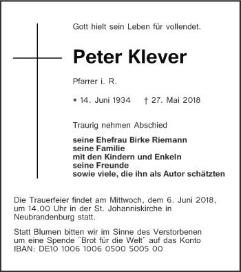 Traueranzeige von Peter Klever von Neubrandenburger Zeitung