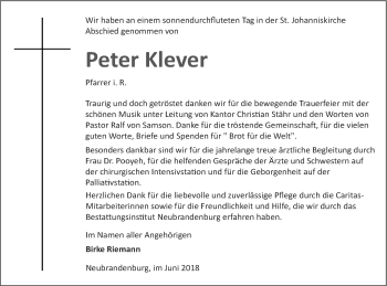 Traueranzeige von Peter Klever von Neubrandenburger Zeitung