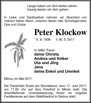 Traueranzeige von Peter Klockow von Müritz-Zeitung