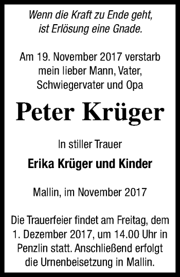 Traueranzeige von Peter Krüger von Müritz-Zeitung