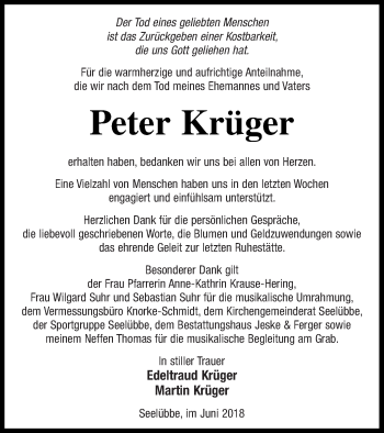 Traueranzeige von Peter Krüger von Prenzlauer Zeitung