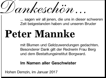 Traueranzeige von Peter Mannke von Mecklenburger Schweiz