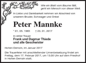 Traueranzeige von Peter Mannke von Mecklenburger Schweiz