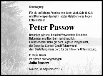 Traueranzeige von Peter Passow von Mecklenburger Schweiz