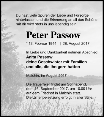 Traueranzeige von Peter Passow von Mecklenburger Schweiz