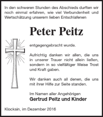 Traueranzeige von Peter Peitz von Müritz-Zeitung