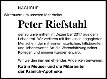 Traueranzeige von Peter Riefstahl von Müritz-Zeitung