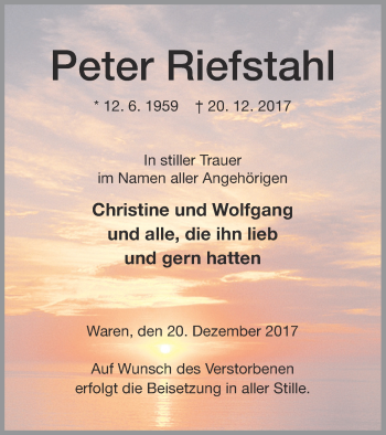 Traueranzeige von Peter Riefstahl von Müritz-Zeitung