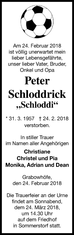 Traueranzeige von Peter Schloddrick von Müritz-Zeitung