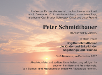 Traueranzeige von Peter Schmidtbauer von Neubrandenburger Zeitung