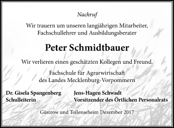 Traueranzeige von Peter Schmidtbauer von Wirtschaftsraum Neubr./Neustr./Waren