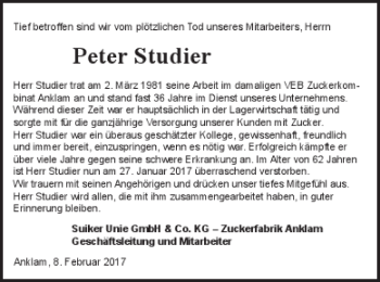 Traueranzeige von Peter Studier von Vorpommern Kurier