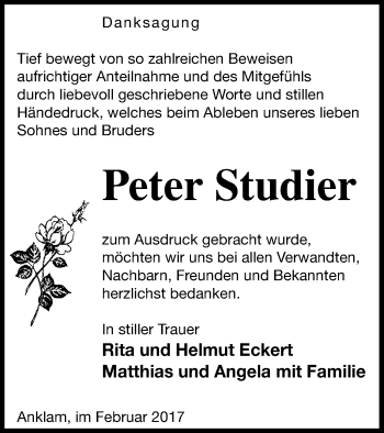 Traueranzeige von Peter Studier von Vorpommern Kurier