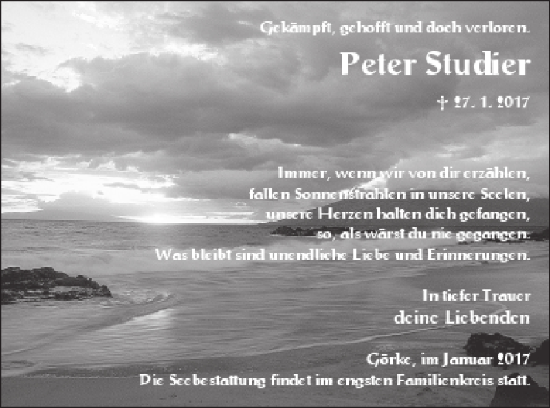  Traueranzeige für Peter Studier vom 01.02.2017 aus Vorpommern Kurier