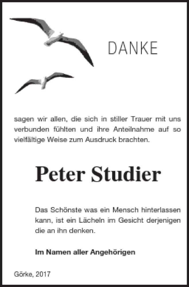  Traueranzeige für Peter Studier vom 17.02.2017 aus Vorpommern Kurier